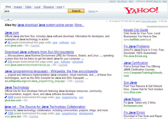Delicious integrado as buscas do Yahoo