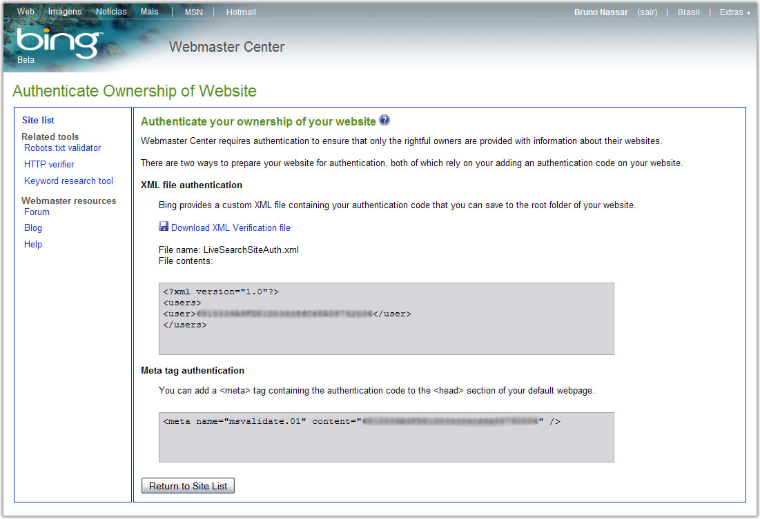 Bing Webmaster Center: Autenticando um Site