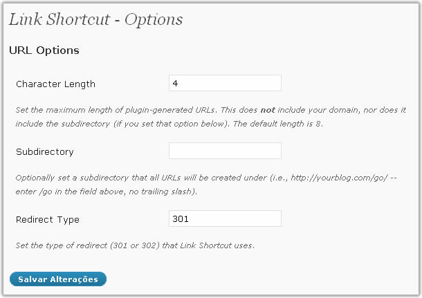 Painel Configuração do Link Shortcut