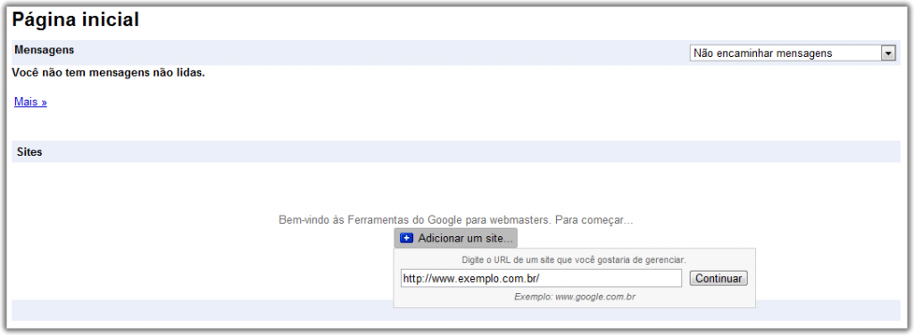 Pagina Inicial do Google Ferramentas para Webmasters