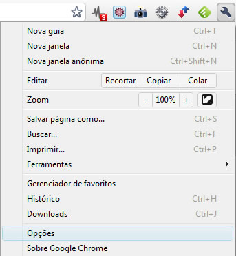 Chrome > Ferramentas > Opções