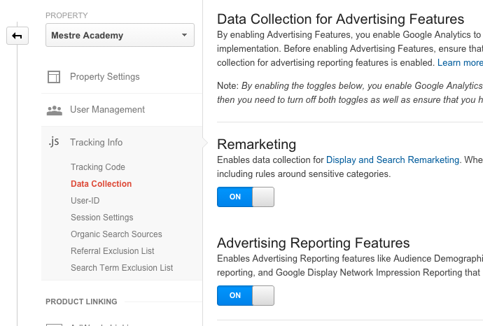 google analytics / property / tracking info / data collection