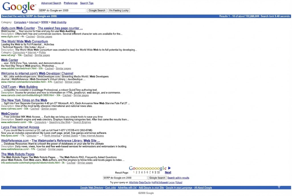 SERP do Google Ao Longo Dos Anos: SERP em 2000