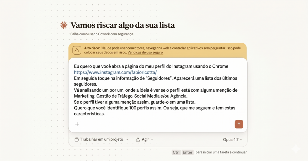 Prompt Inicial do Claude Cowork Para Criar Uma Lista de Prospecção No Instagram
