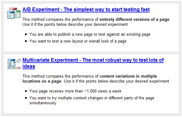 opções de testes google website optimizer
